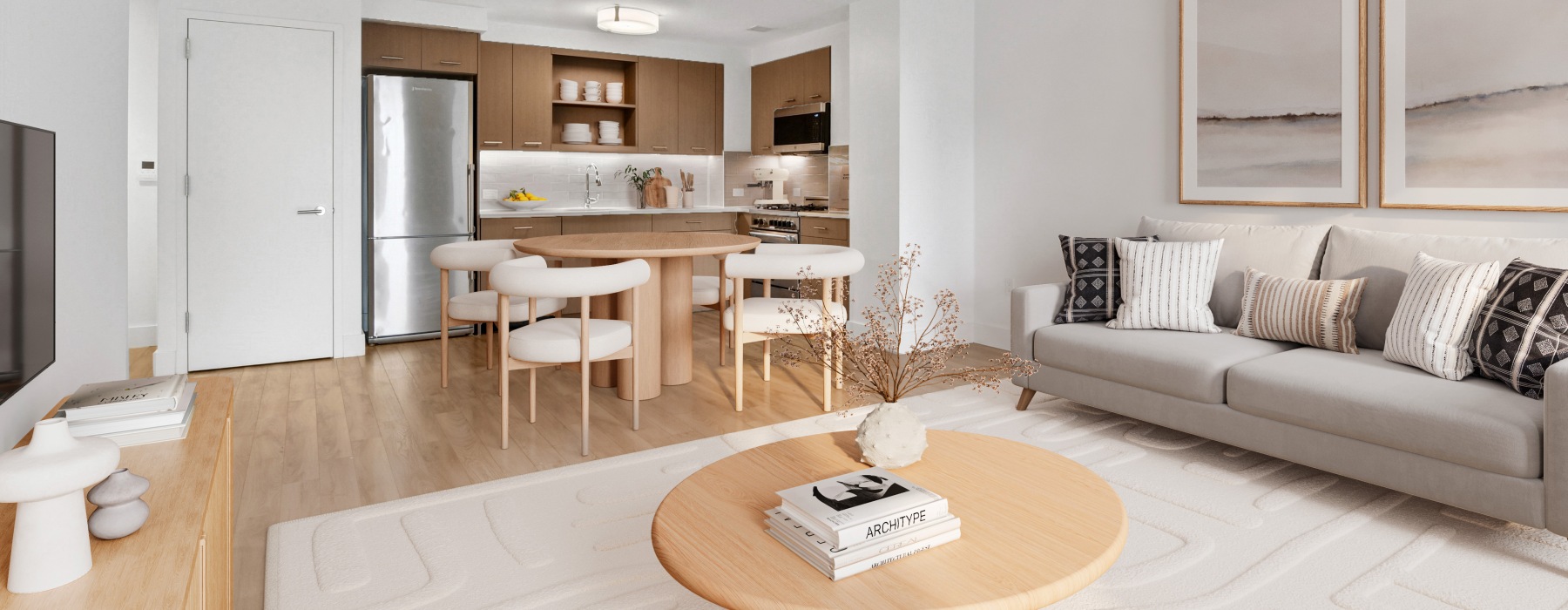 Open concept kitchen, living room design.