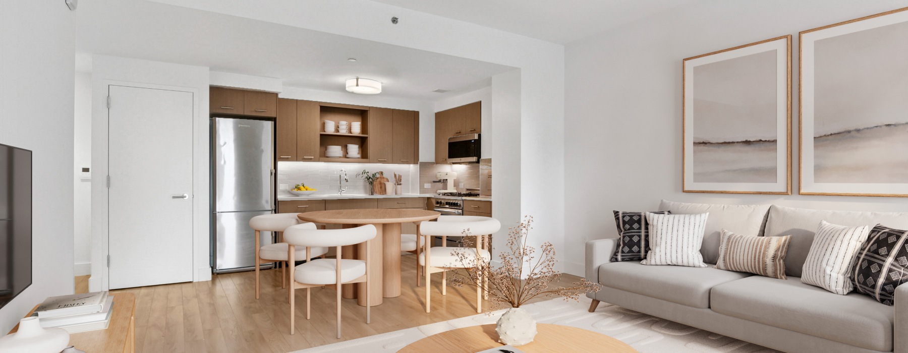 Open concept kitchen, living room design.