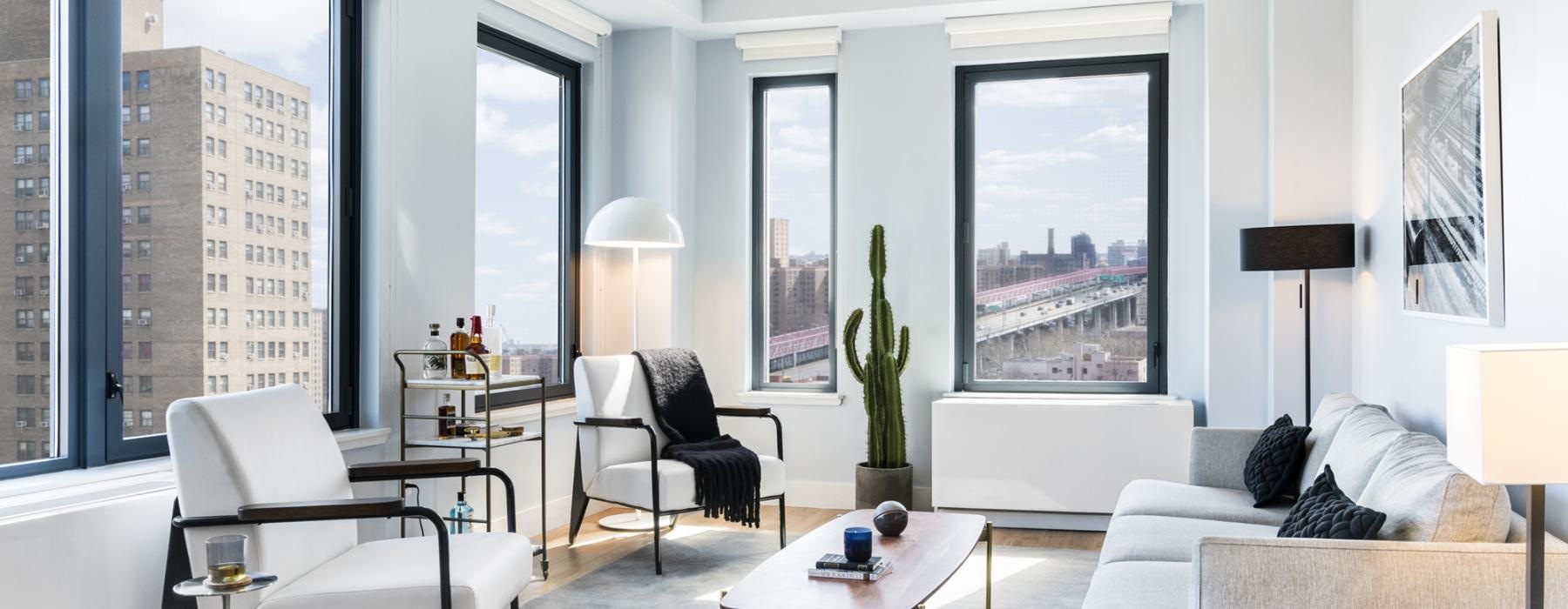 a living room with a large window